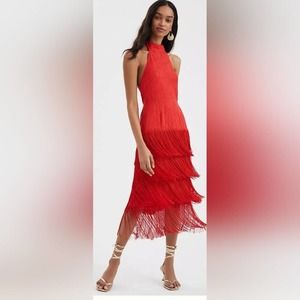 ANTHROPOLOGIE Solid Fringe Halter Maxi Dress, Size 8